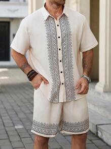 Manfinity Homme Plus Size Men's Short Sleeve Shirt And Shorts Set, Fashionable For Summer It Is Great For Couples And Makes An Excellent Gift Idea For Boyfriends Or Husbands.