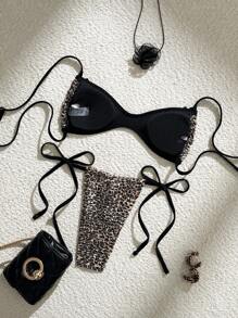 SHEIN Sweetro New Women Leopard Print Bikini Set, Random Pattern, Spaghetti Strap, Small Bow Decor, Backless Top With Tie-Sides Bottom For Summer Beach Vacation