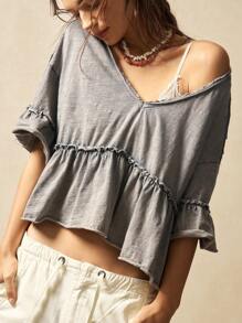 Bohemela 休闲V领纯色针织短袖荷叶边水洗女式T恤