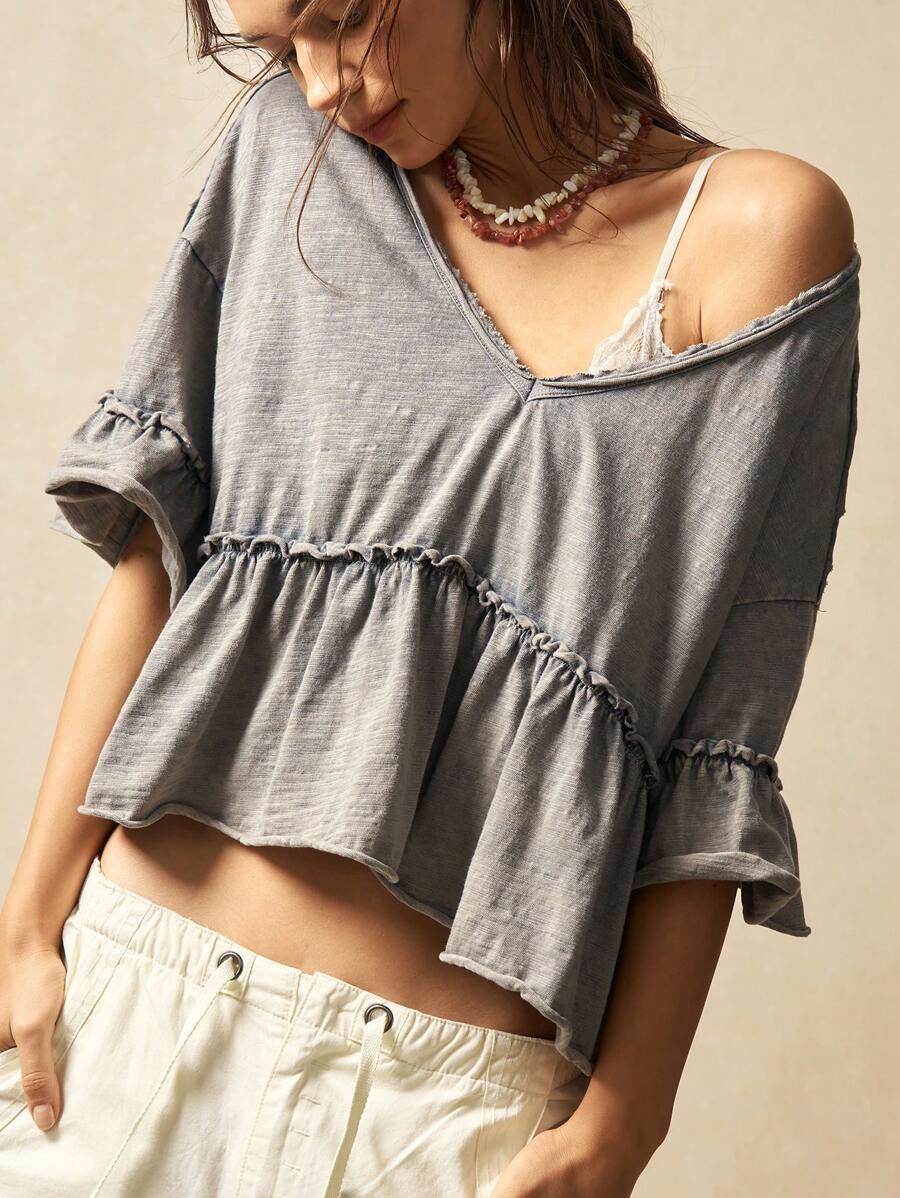 Bohemela 休闲V领纯色针织短袖荷叶边水洗女式T恤