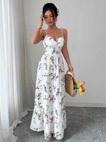 Elenzga 女士碎花荷叶边下摆无袖连衣裙，适合度假穿着