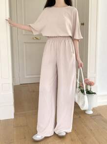 SHEIN 青少年女孩休闲通勤优雅度假纯色圆领短袖宽松裤套装