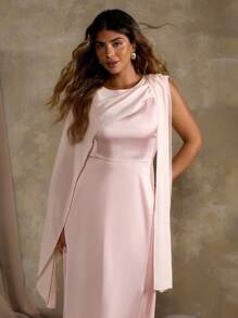 Plus Size Solid Color Draped Split Sleeve Elegant Summer Dress - Pink - View 1