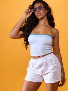 MISSGUIDED 泡泡纱条纹高腰夏季短裤带侧袋海滩度假休闲阔腿短裤带松紧腰带