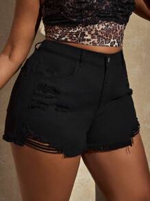 SHEIN SXY Shorts vaqueros de talla grande de unicolor, moda para el verano - Negro - Ver 4