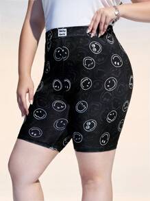 SmileyWorld® | SHEIN Plus Size Patched Smiling Face Pattern Cycling Shorts Summer / Summer Outfits For Women/ Summer Clothes Summer Pants Black Leggings Rave Outfits Festival/ Rave/Festival/ Rave Outfits/ Festival Outfits For Women/ Country Concert Outfit/ Festival Outfits/ Concert/ C Concert Outfit Women/ Concert Outfits For Women/Rave Outfit/Rave Top