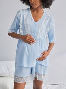 BloomMama Pijama de maternidad - Top de manga 5/8 + Pantalones 3/4