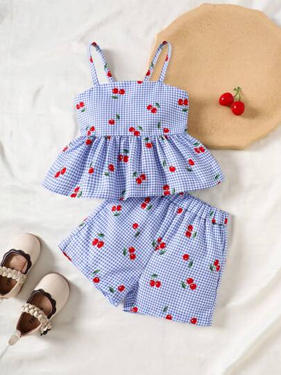 SHEIN Vintaside Kids 2pcs/Set Baby Girl Spring&Summer Vacation Style Cherry&Plaid Printing Slip Top&Shorts Baby Summer Clothes Girl