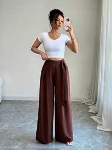 Elenzga Women's Elegant Everyday Pleated Tie Asymmetrical Coffee Color Suit Pants