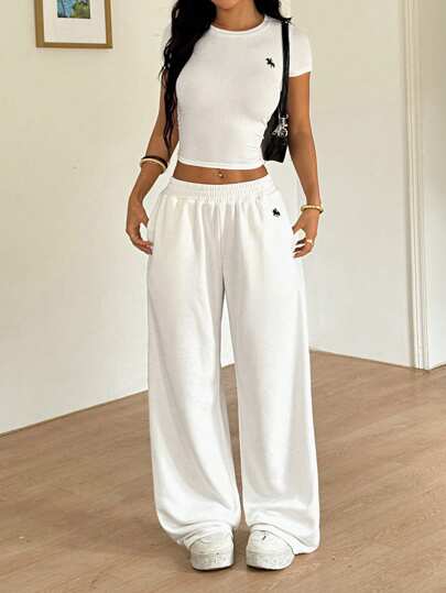 SHEIN EZwear Set de 2 prendas de punto ajustadas bordadas para mujer, blancas de verano