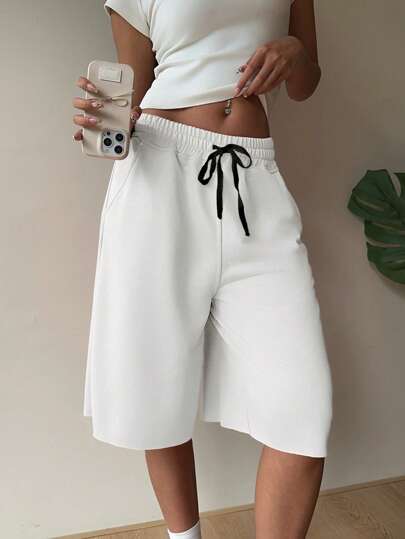 SHEIN EZwear White Knit Wide Leg Bermuda Shorts, Sporty Style, Summer