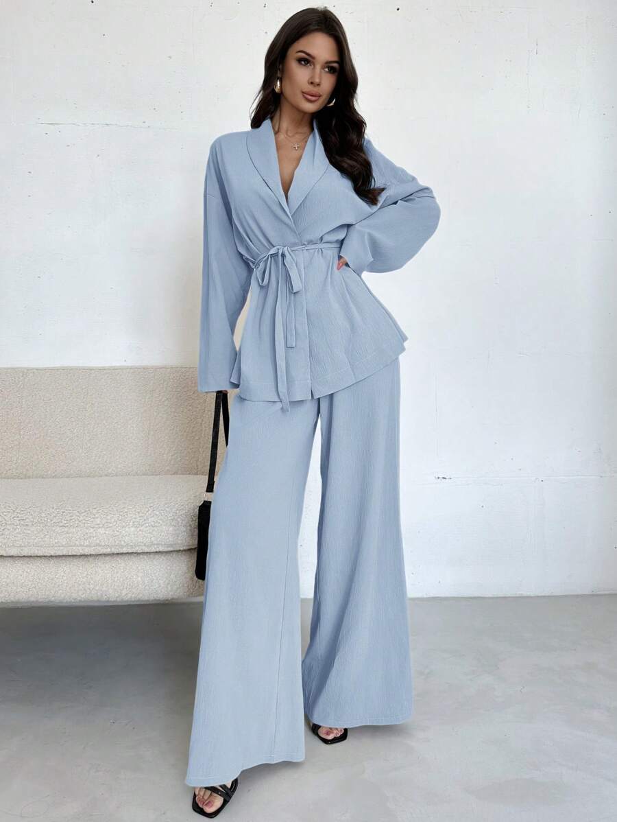 Firerie 女士优雅休闲度假通勤办公室宽松翻领系腰紧身牛仔裤和高腰宽松阔腿裤，适合秋夏季 - 淺色水洗藍 - 查看 1