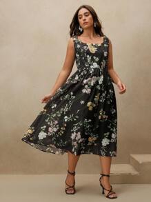 Anewsta Plus Size Women Sleeveless Waist Cinched Sheer Mesh Midi Dress, For Vacation - Black - View 4