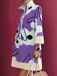 SHEIN LUNE Plus Size Elegant Floral Print Bell Sleeve Midi Dress - Multicolor - View 1