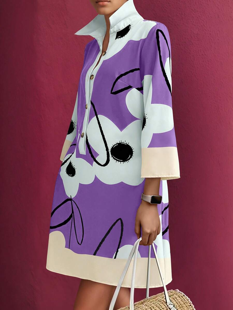 SHEIN LUNE Plus Size Elegant Floral Print Bell Sleeve Midi Dress - Multicolor - View 1