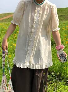 FRIFUL Women's Casual Loose Frill Trim Blouse, Summer