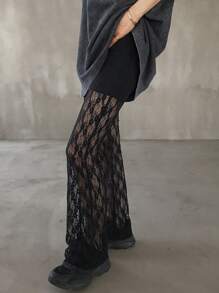 FRIFUL 女士时尚蕾丝面料紧身裤喇叭裤，透明夏季长裤 - 黑色 - 查看 4
