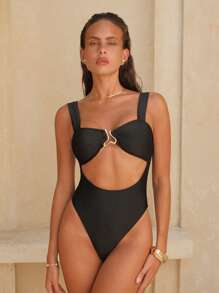 Swim Chiccia 2pcs/Set New Solid Color Hollow Bandeau Thick Strap Swimsuit Scoop Neck Cutout Cover Up Beachwear For Summer Beach Vacation - Black - View 6