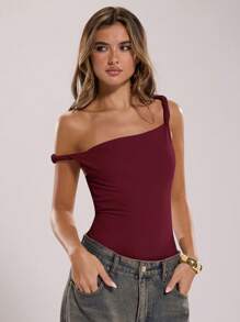 SHEIN BAE Body negro sólido con cuello asimétrico y retorcido para mujer, casual y ajustado, versátil y minimalista, sin mangas, apropiado para salidas de verano