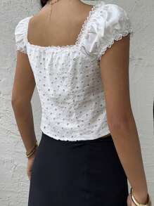 Sunnyshic Blusa de mujer con mangas farol, abertura en frente y aplicación de encaje y moño - Blanco - Ver 2