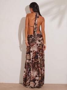 SHEIN BAE Robe à encolure dégagée, fente haute et dos nu avec imprimé pour femme - Tabac - Voir 2