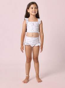 SUMWON 心形印花两件套荷叶边泳衣夏季泳池海滩度假泳衣，背部交叉设计 - 彩色 - 查看 6