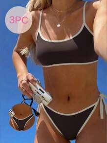 Swim Vcay 2025年新款3件套女士细肩带无钢圈纯色抹胸比基尼泳装套装