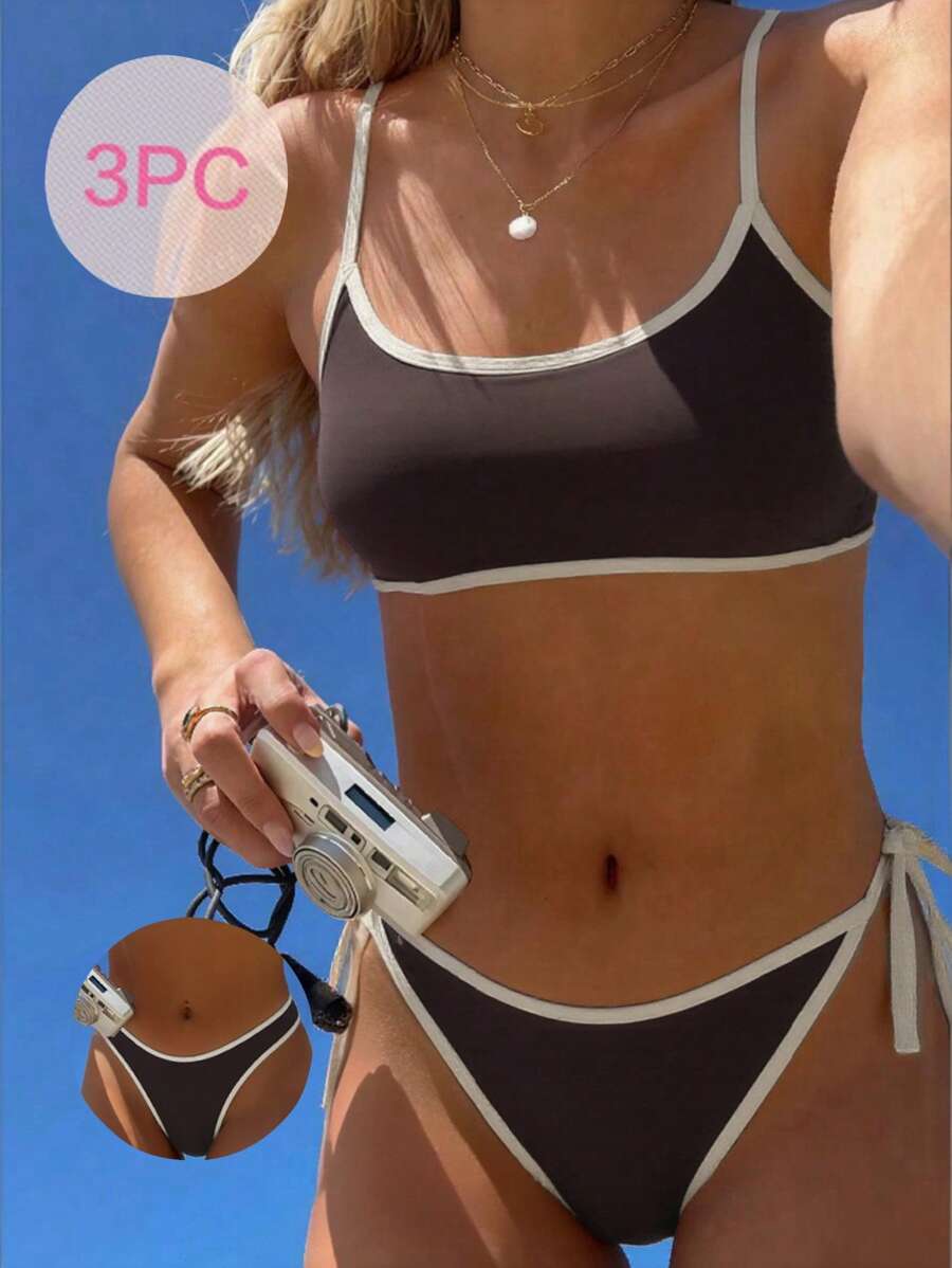 Swim Vcay 2025年新款3件套女士细肩带无钢圈纯色抹胸比基尼泳装套装
