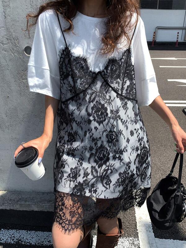 DAZY Rochie de damă cu mânecă scurtă, fără mâneci, 2 în 1, cu imprimeu din dantelă, rochii casual pentru femei