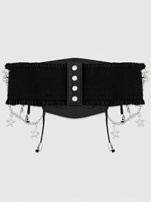 ROMWE Goth 1 件女式黑色蕾丝链骷髅十字丝带装饰哥特风格弹性腰带，哥特式万圣节服装配饰 - 黑色 - 查看 4