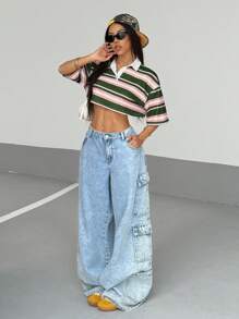 StreetHx Women's Form-Fitting Striped Contrast Color Polo Collar T-Shirt, Spring/Autumn - Dark Green - View 5