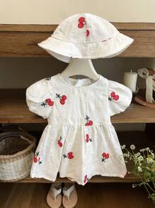 Baby Girls 0-3 Years Old Spring/Summer Cute Playful Daily Outing Cherry Embroidery Puff Sleeve Dress + Hat - White - View 9