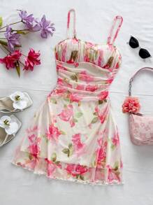 Soleia Rose Floral Mesh Ruched Backless Camisole Mini Dress, Holiday, Date, Valentine's Day, Afternoon Tea, Summer - Multicolor - View 5