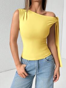 SHEIN PETITE Solid Color Asymmetrical Shoulder Tie Up Blouse, Yellow Top Fashionable Summer Item