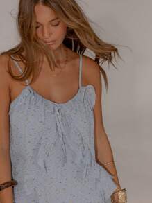 Aralina Đầm voan xếp nếp buộc vạt phía trước dây mảnh bồng bềnh cho kỳ nghỉ hè dành cho phụ nữ - Màu xanh lam - Xem 3