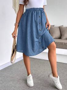 SHEIN Maternity Solid Color Simple Stylish Skirt, Suitable For Summer - Blue - View 1