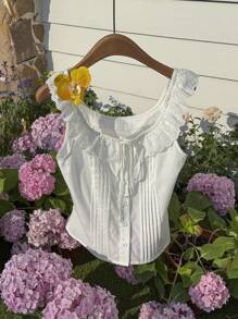 SHEIN EZwear 白色梭织女式T恤，时尚适合夏季 - 白色 - 查看 7