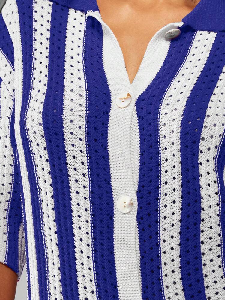 MISSGUIDED Striped Crochet Button Down Cardigan Sweater Summer Beach Cover Up Resort Wear Short Sleeve Holiday Loungewear