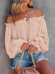 SHEIN VCAY Women's Casual Solid Color One Shoulder Lantern Sleeve Blouse - Baby Pink - View 5