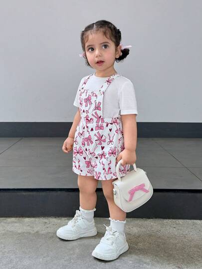 Cute Bowknot Decor Strap Jumpsuit Romper For Baby Girls, Versatile Summer Baby Clothes Girl Summer Baby Clothing Girl