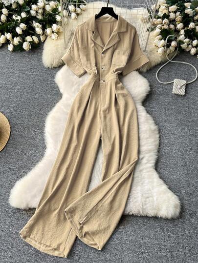 女式简约纯色翻领高腰休闲连体裤，短袖