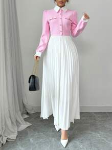 Elenzga Patchwork Button & Pleated Decor Women Dress Fall Cloth For Women