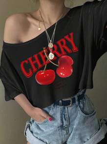 SHEIN EZwear 女士休闲单肩樱桃图案黑色短款超大短袖 T 恤，非常适合夏季穿着 - 黑色 - 查看 6