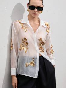 Aveloria Modichic Sequin Embroidered Sheer Long Sleeve Blouse, Summer - White - View 2