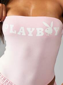 Missguided x Playboy Stretchy Bandeau Bodysuit With Matching Athletic Shorts Summer Exercise Dance Workout One Piece - Baby Pink - View 5