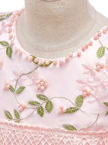 Young Girl' Lace Trim Ruffles Beaded Round Neck Short Sleeve Elegant Princess Style Embroidery Pink Puff Dress For Birthday, Wedding, School Activity, Party, Piano Recital - Pink - View 6