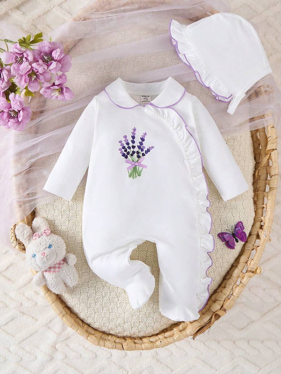 Bộ áo liền quần dài tay in họa tiết hoa oải hương đáng yêu kèm mũ cho bé sơ sinh, bộ đồ mặc nhà ngọt ngào. - trắng - Xem 1