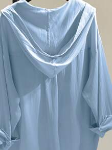 INAWLY Áo sơ mi trùm đầu thường ngày tay trễ vai màu trơn dành cho nữ có túi tiện dụng - Màu xanh lam - Xem 4