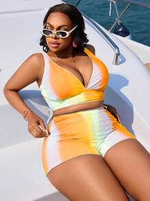 Slaydiva Traje de baño de 2 piezas de talla grande, bañador informal con estampado colorido y cintura alta para estilizar la figura, ropa de playa para vacaciones - Naranja Quemada - Ver 5