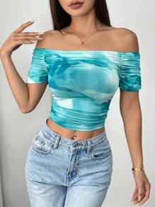 SHEIN Unity 女士扎染露肩褶饰短袖T恤 - 薄荷藍 - 查看 4